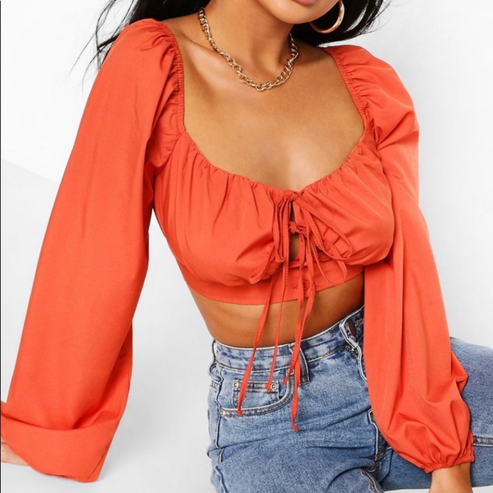 Orange Volume Sleeve Tie Front Top